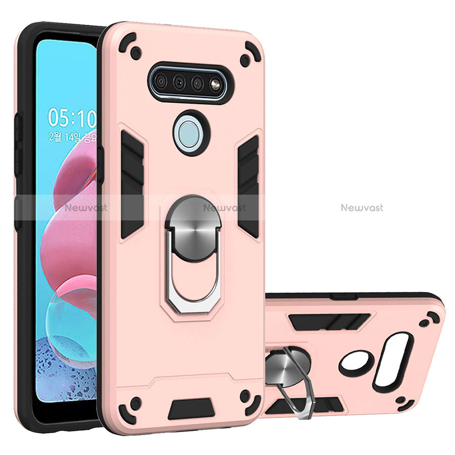 Silicone Matte Finish and Plastic Back Cover Case with Magnetic Finger Ring Stand for LG K51