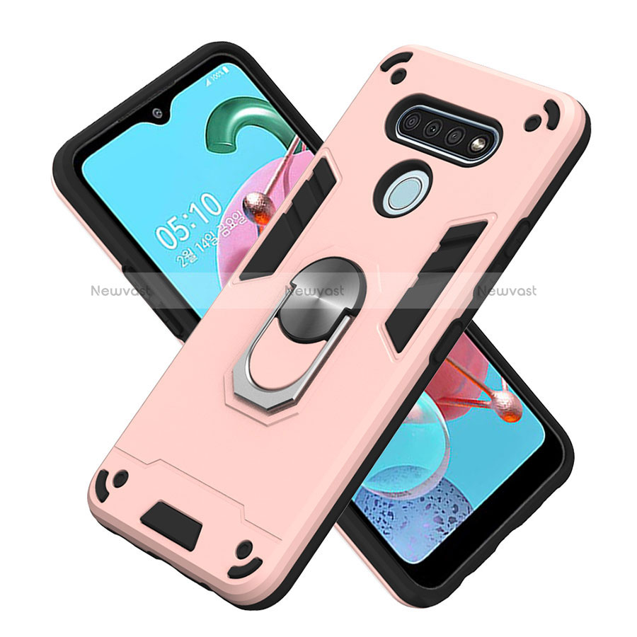 Silicone Matte Finish and Plastic Back Cover Case with Magnetic Finger Ring Stand for LG K51