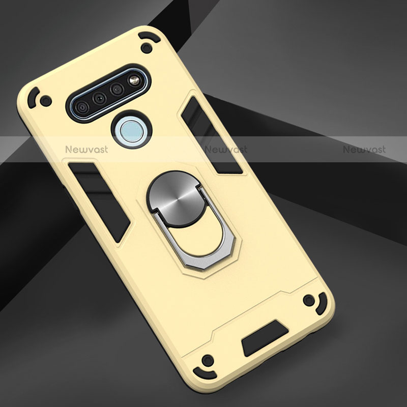 Silicone Matte Finish and Plastic Back Cover Case with Magnetic Finger Ring Stand for LG K51 Gold