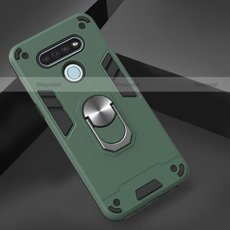 Silicone Matte Finish and Plastic Back Cover Case with Magnetic Finger Ring Stand for LG K51 Midnight Green