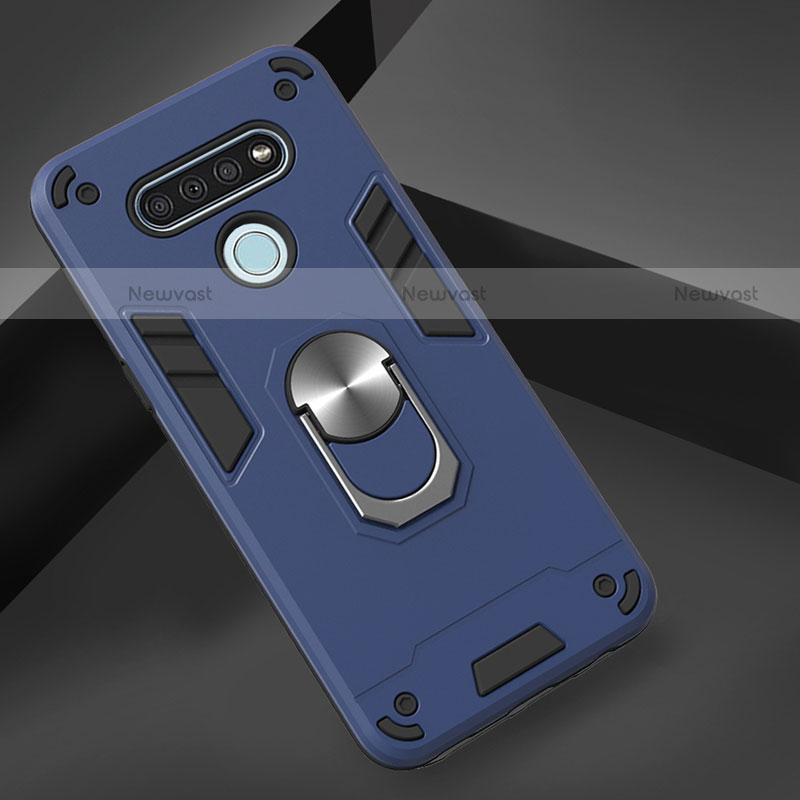 Silicone Matte Finish and Plastic Back Cover Case with Magnetic Finger Ring Stand for LG K51 Navy Blue