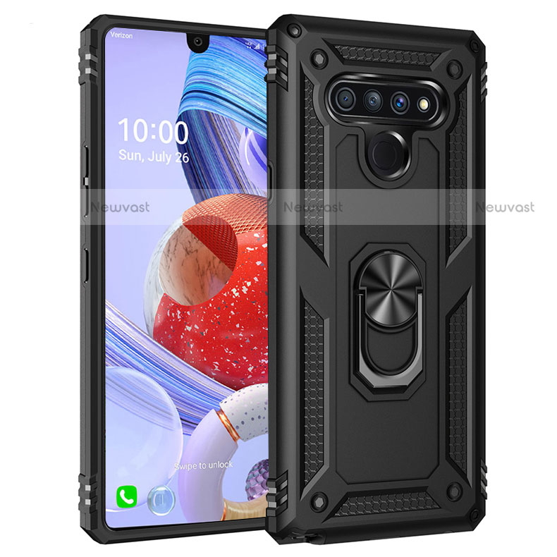 Silicone Matte Finish and Plastic Back Cover Case with Magnetic Finger Ring Stand for LG Stylo 6 Black