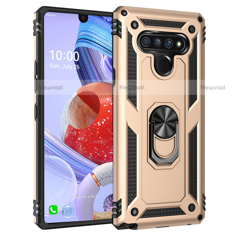 Silicone Matte Finish and Plastic Back Cover Case with Magnetic Finger Ring Stand for LG Stylo 6 Gold
