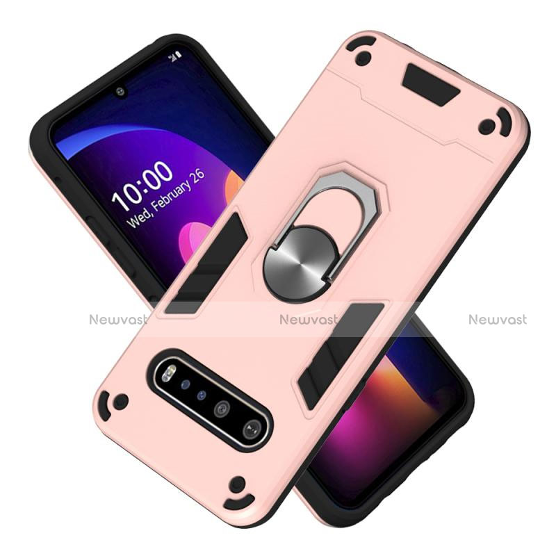 Silicone Matte Finish and Plastic Back Cover Case with Magnetic Finger Ring Stand for LG V60 ThinQ 5G