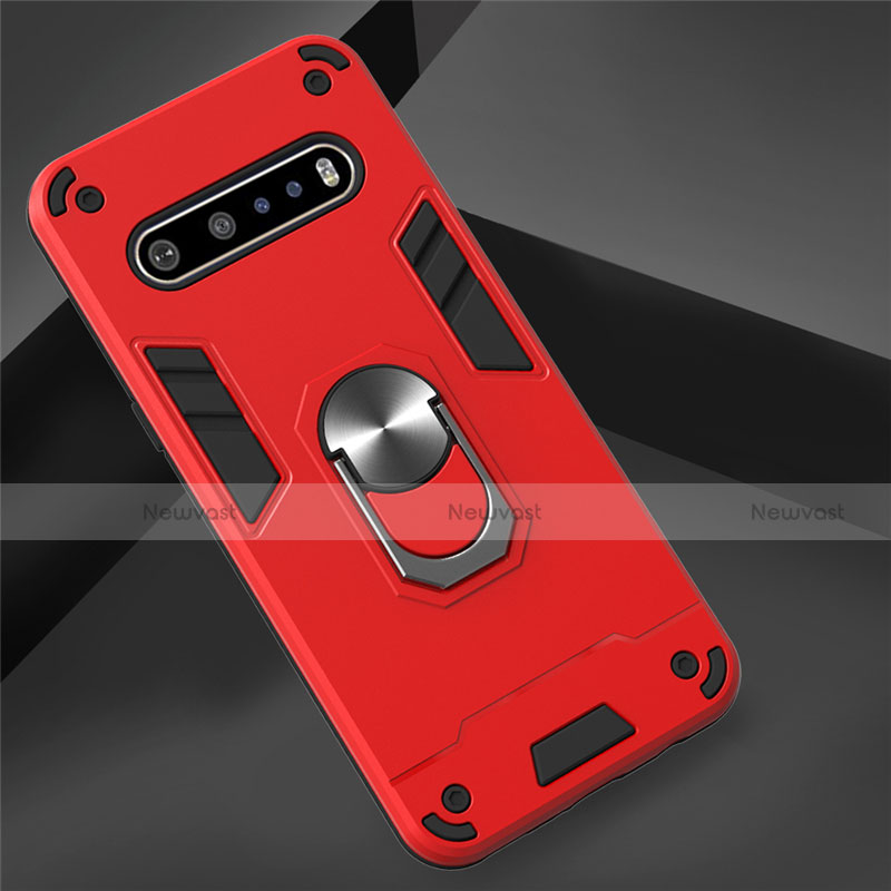 Silicone Matte Finish and Plastic Back Cover Case with Magnetic Finger Ring Stand for LG V60 ThinQ 5G