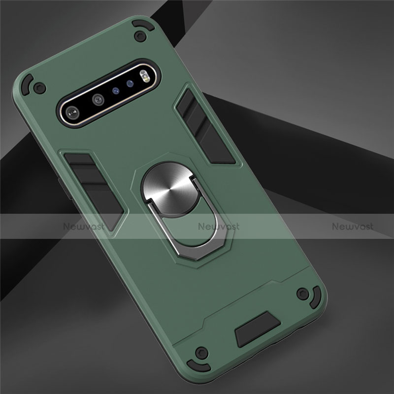 Silicone Matte Finish and Plastic Back Cover Case with Magnetic Finger Ring Stand for LG V60 ThinQ 5G Green