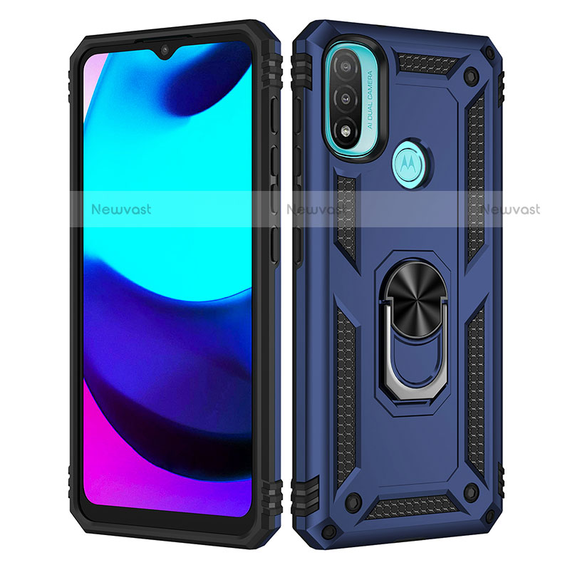 Silicone Matte Finish and Plastic Back Cover Case with Magnetic Finger Ring Stand for Motorola Moto E40 Blue