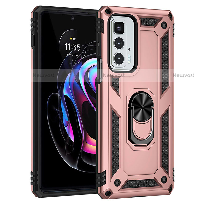 Silicone Matte Finish and Plastic Back Cover Case with Magnetic Finger Ring Stand for Motorola Moto Edge 20 Pro 5G