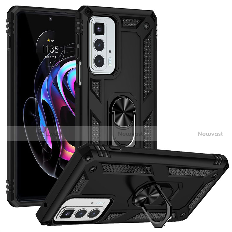 Silicone Matte Finish and Plastic Back Cover Case with Magnetic Finger Ring Stand for Motorola Moto Edge 20 Pro 5G Black