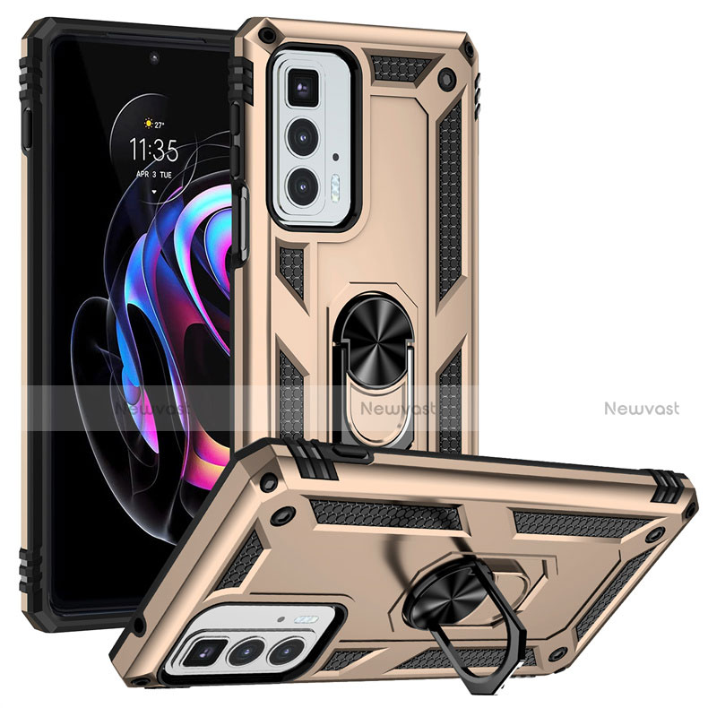 Silicone Matte Finish and Plastic Back Cover Case with Magnetic Finger Ring Stand for Motorola Moto Edge 20 Pro 5G Gold