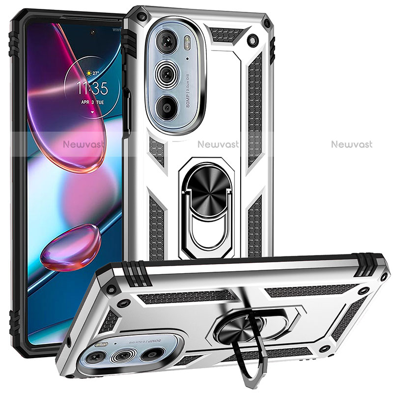 Silicone Matte Finish and Plastic Back Cover Case with Magnetic Finger Ring Stand for Motorola Moto Edge 30 Pro 5G