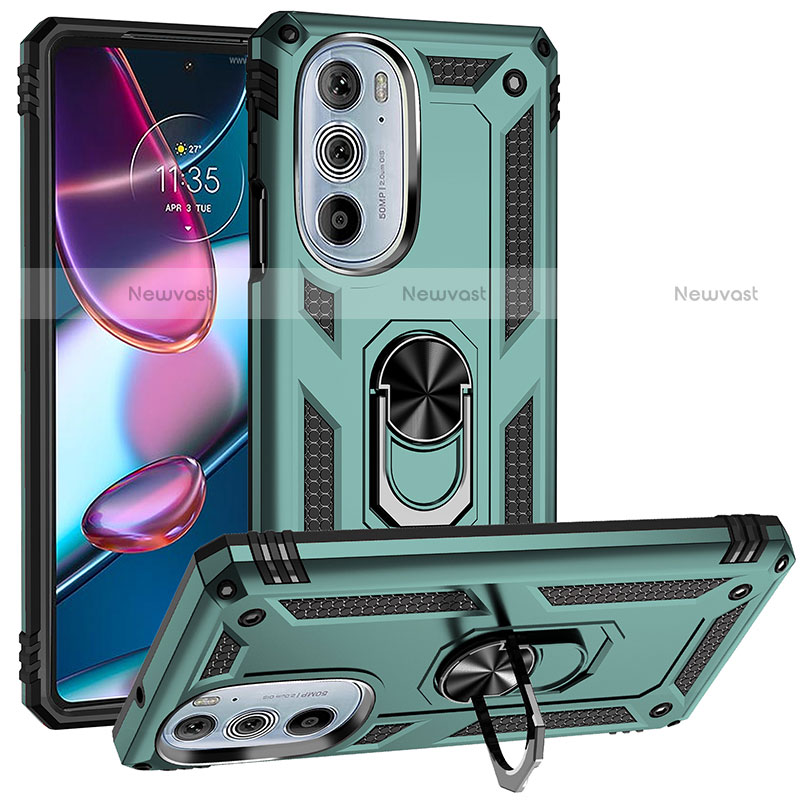 Silicone Matte Finish and Plastic Back Cover Case with Magnetic Finger Ring Stand for Motorola Moto Edge 30 Pro 5G