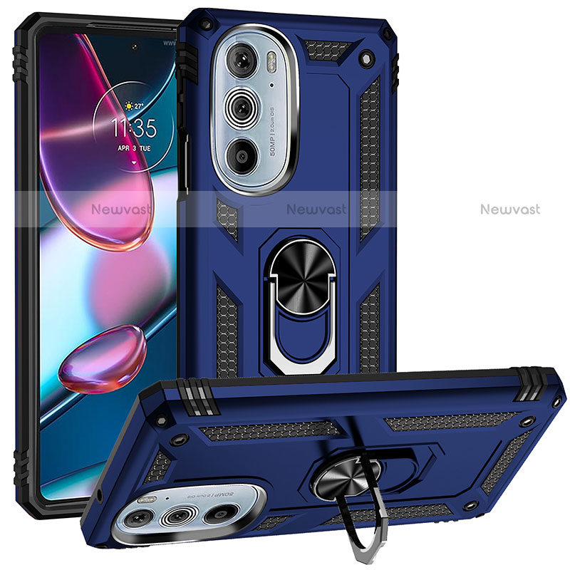 Silicone Matte Finish and Plastic Back Cover Case with Magnetic Finger Ring Stand for Motorola Moto Edge 30 Pro 5G