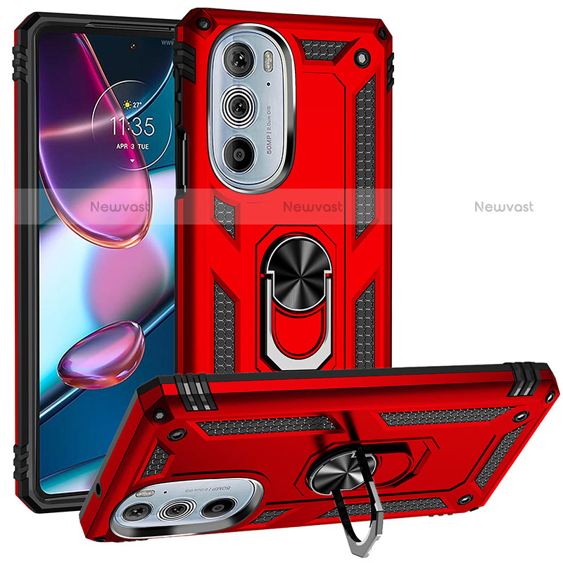 Silicone Matte Finish and Plastic Back Cover Case with Magnetic Finger Ring Stand for Motorola Moto Edge 30 Pro 5G