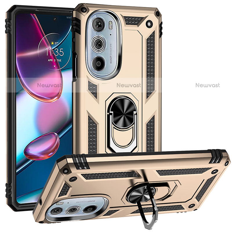 Silicone Matte Finish and Plastic Back Cover Case with Magnetic Finger Ring Stand for Motorola Moto Edge 30 Pro 5G Gold