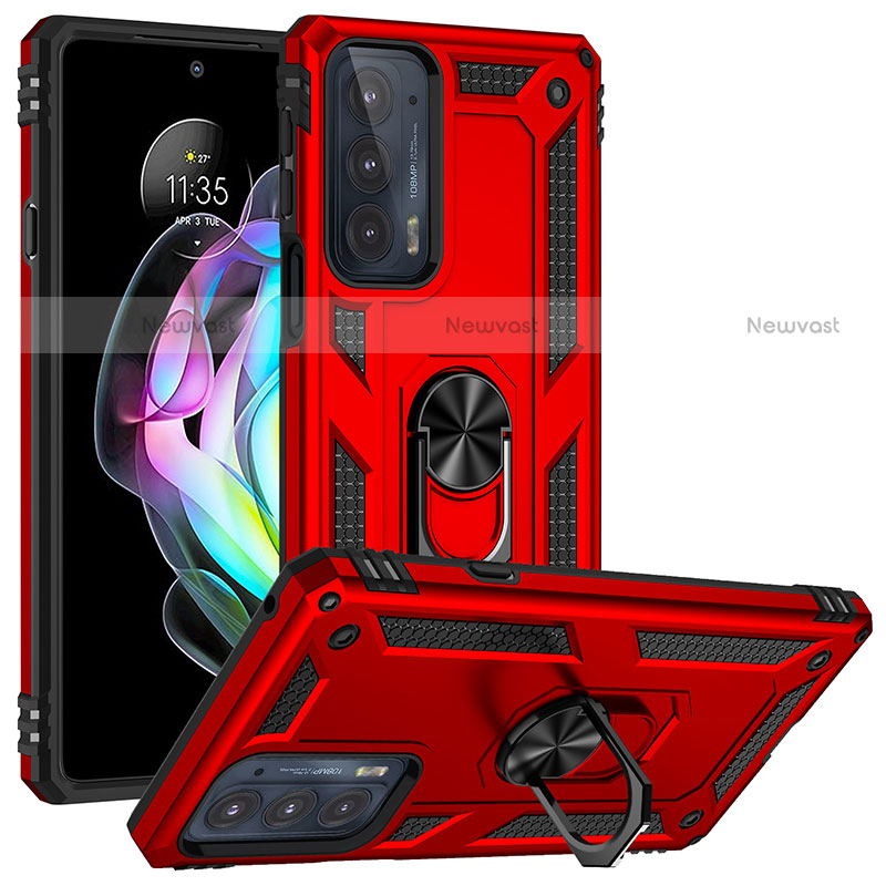Silicone Matte Finish and Plastic Back Cover Case with Magnetic Finger Ring Stand for Motorola Moto Edge Lite 5G Red