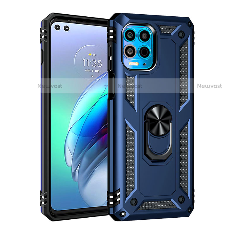 Silicone Matte Finish and Plastic Back Cover Case with Magnetic Finger Ring Stand for Motorola Moto Edge S 5G Blue