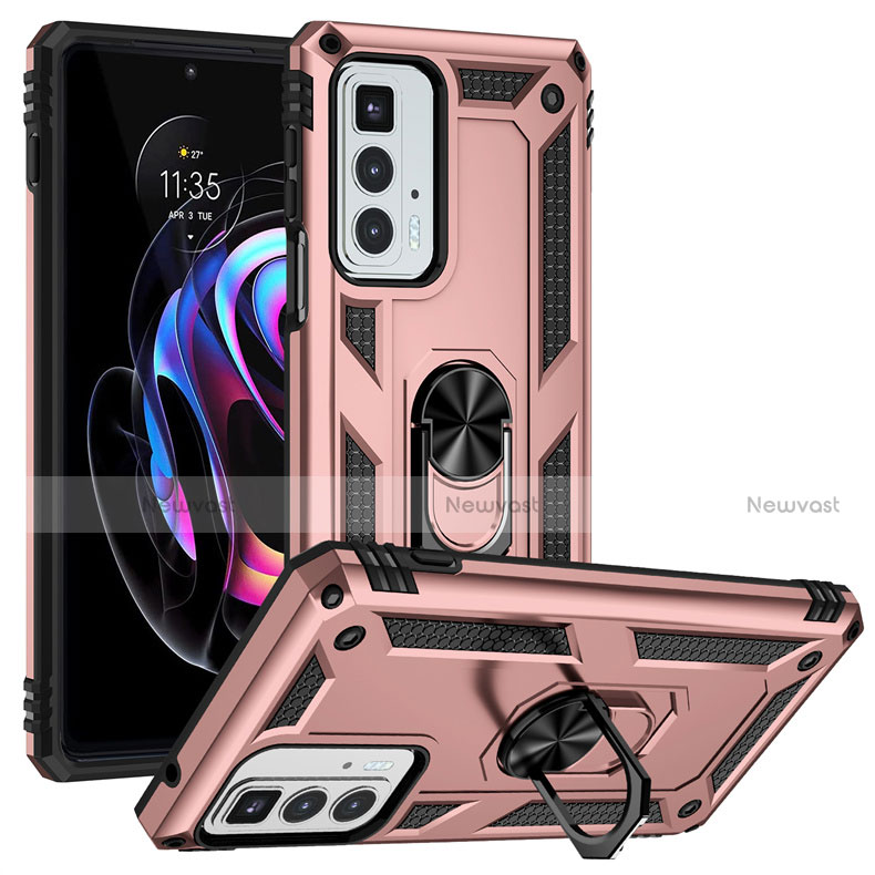 Silicone Matte Finish and Plastic Back Cover Case with Magnetic Finger Ring Stand for Motorola Moto Edge S Pro 5G Rose Gold