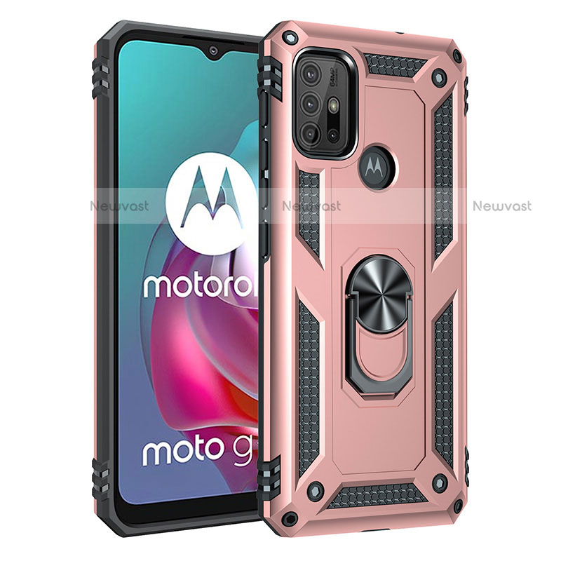 Silicone Matte Finish and Plastic Back Cover Case with Magnetic Finger Ring Stand for Motorola Moto G10 Power