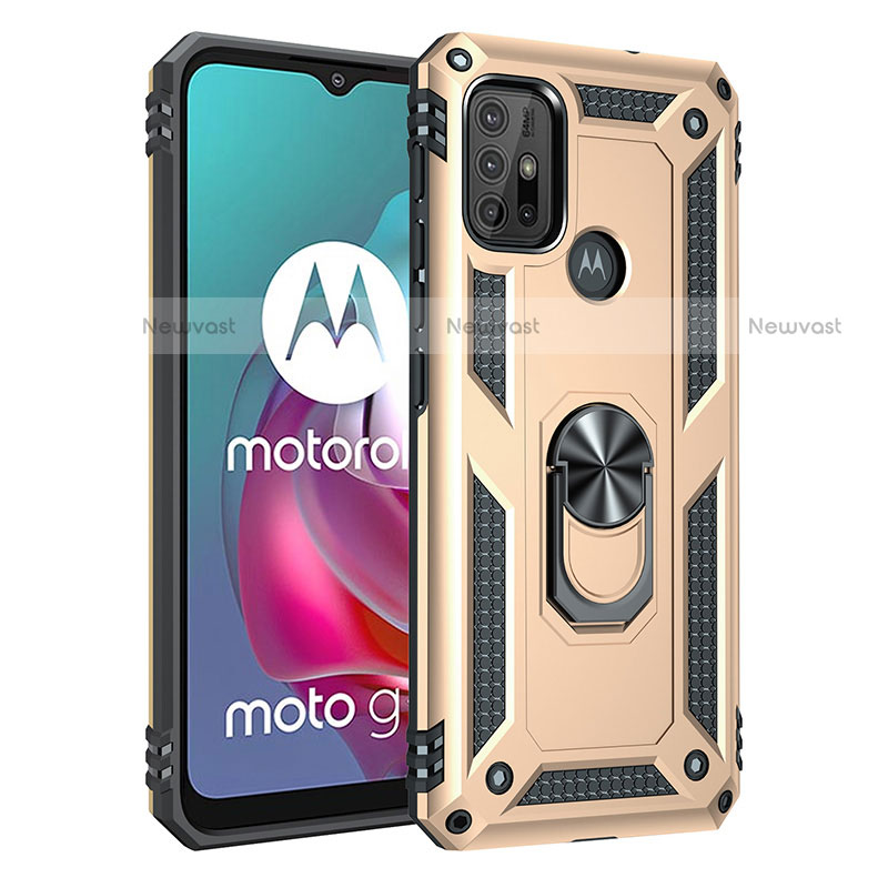 Silicone Matte Finish and Plastic Back Cover Case with Magnetic Finger Ring Stand for Motorola Moto G10 Power Gold