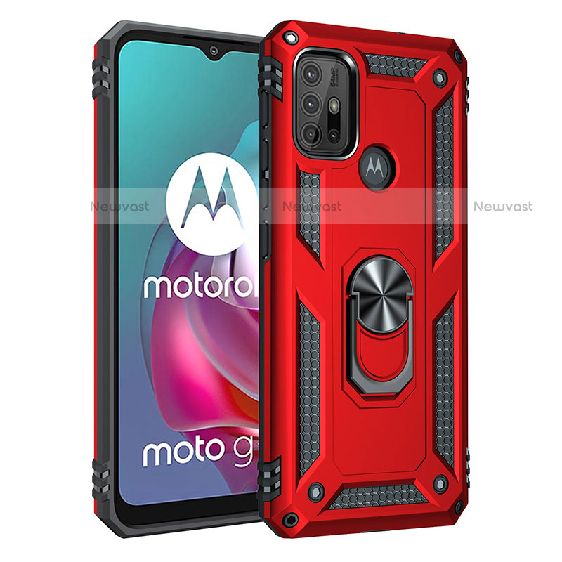 Silicone Matte Finish and Plastic Back Cover Case with Magnetic Finger Ring Stand for Motorola Moto G10 Power Red