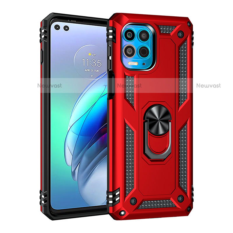 Silicone Matte Finish and Plastic Back Cover Case with Magnetic Finger Ring Stand for Motorola Moto G100 5G