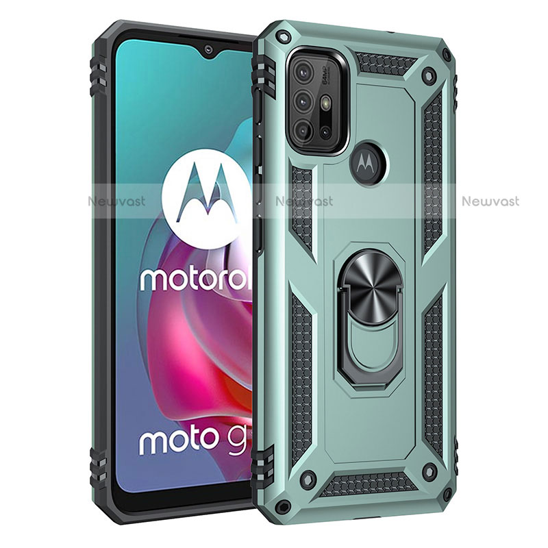 Silicone Matte Finish and Plastic Back Cover Case with Magnetic Finger Ring Stand for Motorola Moto G20 Green