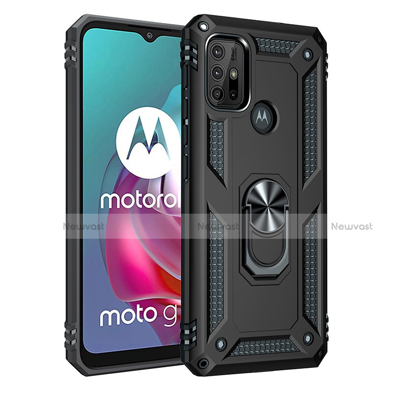 Silicone Matte Finish and Plastic Back Cover Case with Magnetic Finger Ring Stand for Motorola Moto G30 Black