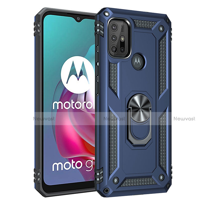 Silicone Matte Finish and Plastic Back Cover Case with Magnetic Finger Ring Stand for Motorola Moto G30 Blue