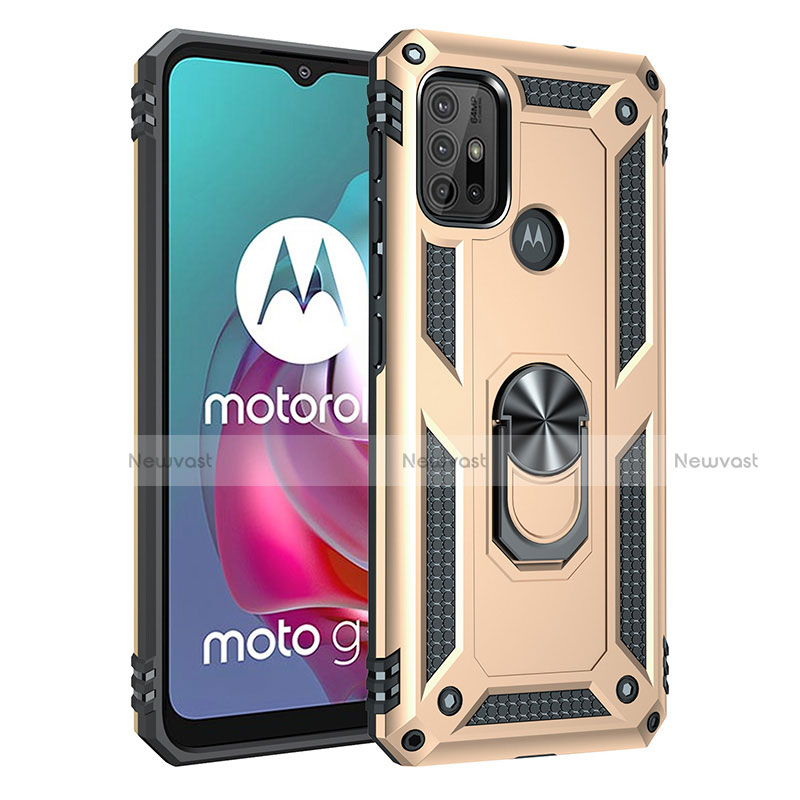 Silicone Matte Finish and Plastic Back Cover Case with Magnetic Finger Ring Stand for Motorola Moto G30 Gold