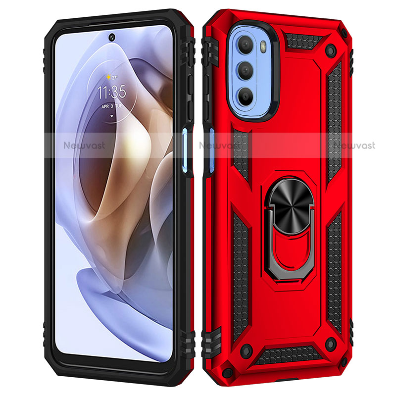 Silicone Matte Finish and Plastic Back Cover Case with Magnetic Finger Ring Stand for Motorola Moto G31