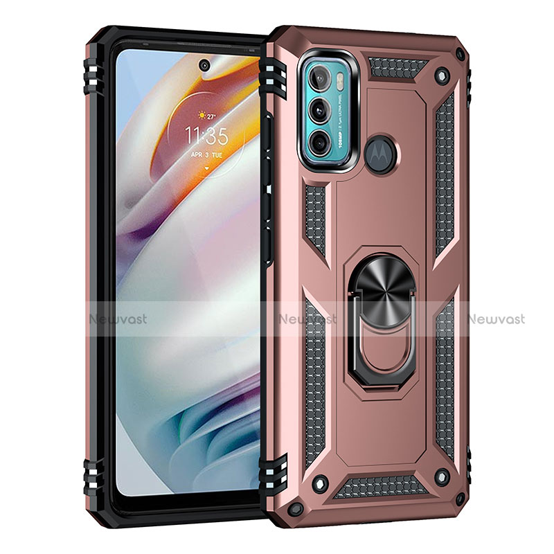 Silicone Matte Finish and Plastic Back Cover Case with Magnetic Finger Ring Stand for Motorola Moto G40 Fusion Rose Gold
