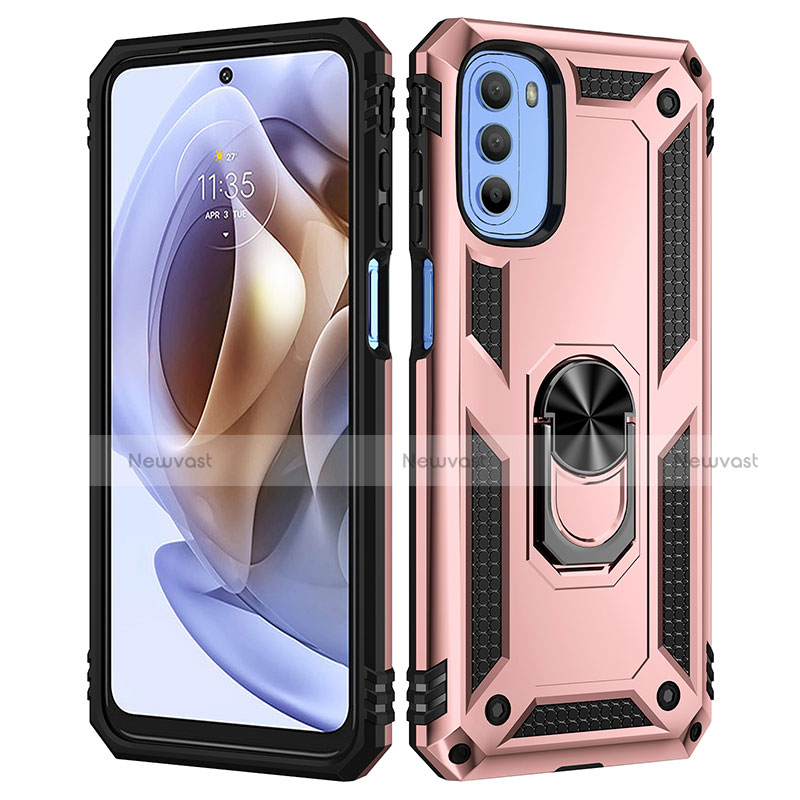 Silicone Matte Finish and Plastic Back Cover Case with Magnetic Finger Ring Stand for Motorola Moto G41 Rose Gold