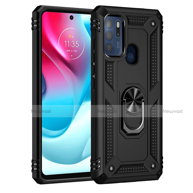 Silicone Matte Finish and Plastic Back Cover Case with Magnetic Finger Ring Stand for Motorola Moto G60s