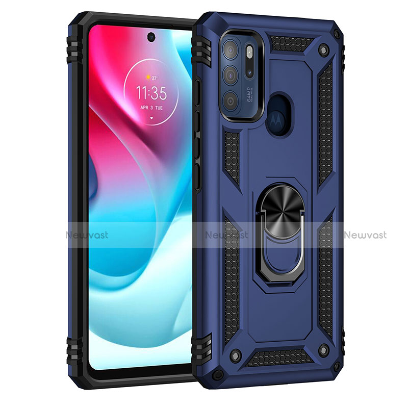 Silicone Matte Finish and Plastic Back Cover Case with Magnetic Finger Ring Stand for Motorola Moto G60s