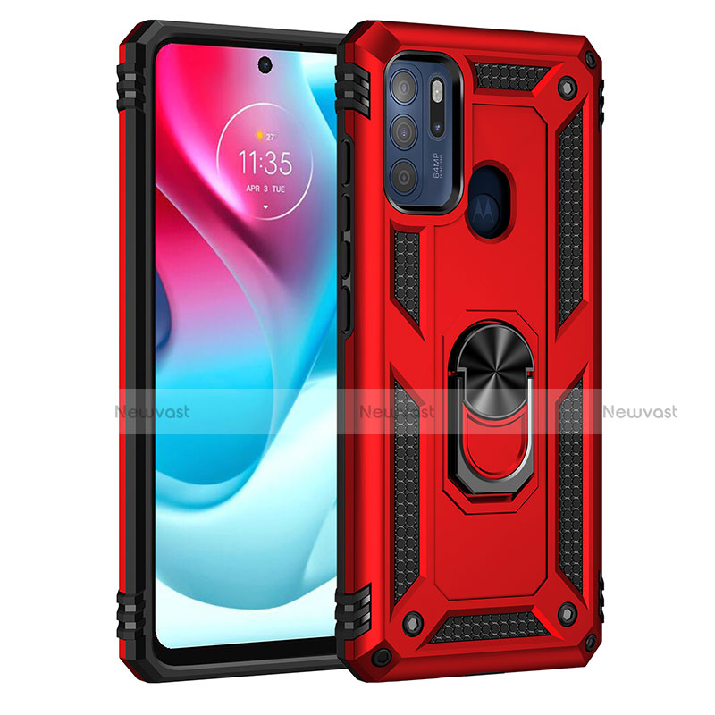 Silicone Matte Finish and Plastic Back Cover Case with Magnetic Finger Ring Stand for Motorola Moto G60s Red
