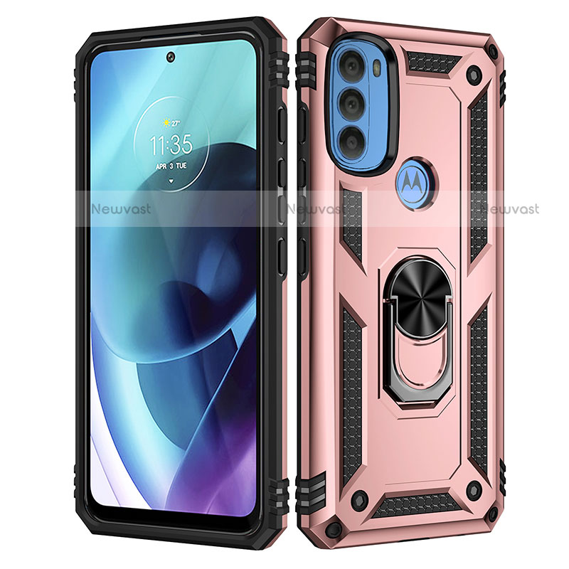 Silicone Matte Finish and Plastic Back Cover Case with Magnetic Finger Ring Stand for Motorola Moto G71 5G