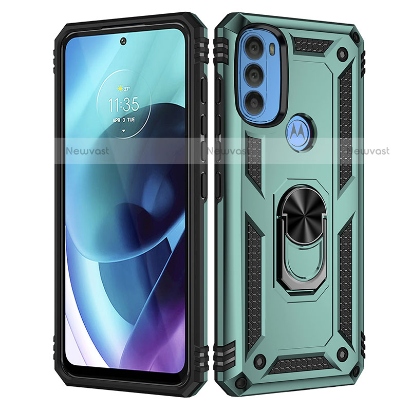 Silicone Matte Finish and Plastic Back Cover Case with Magnetic Finger Ring Stand for Motorola Moto G71 5G