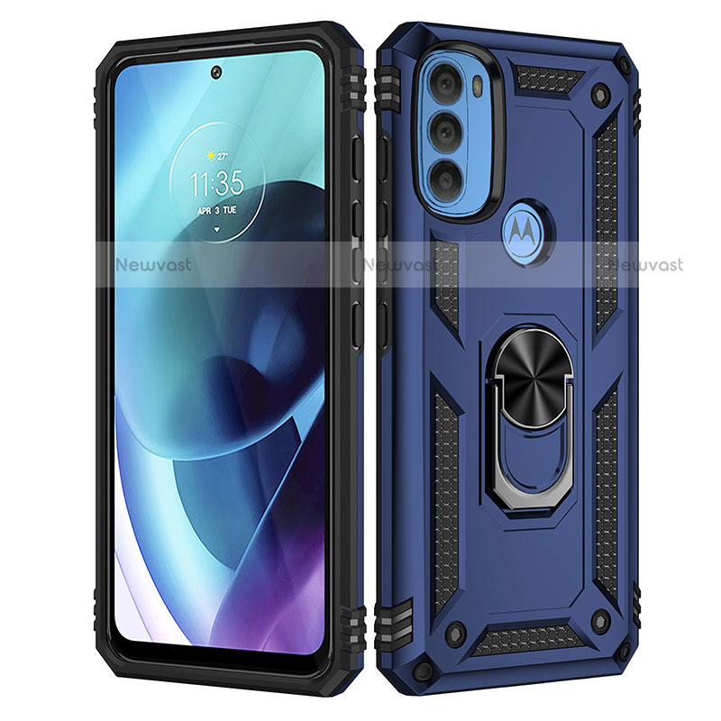Silicone Matte Finish and Plastic Back Cover Case with Magnetic Finger Ring Stand for Motorola Moto G71 5G Blue