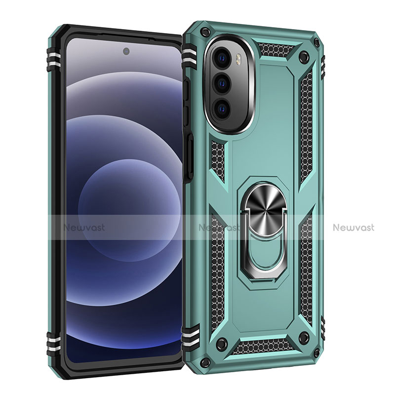 Silicone Matte Finish and Plastic Back Cover Case with Magnetic Finger Ring Stand for Motorola Moto G71s 5G