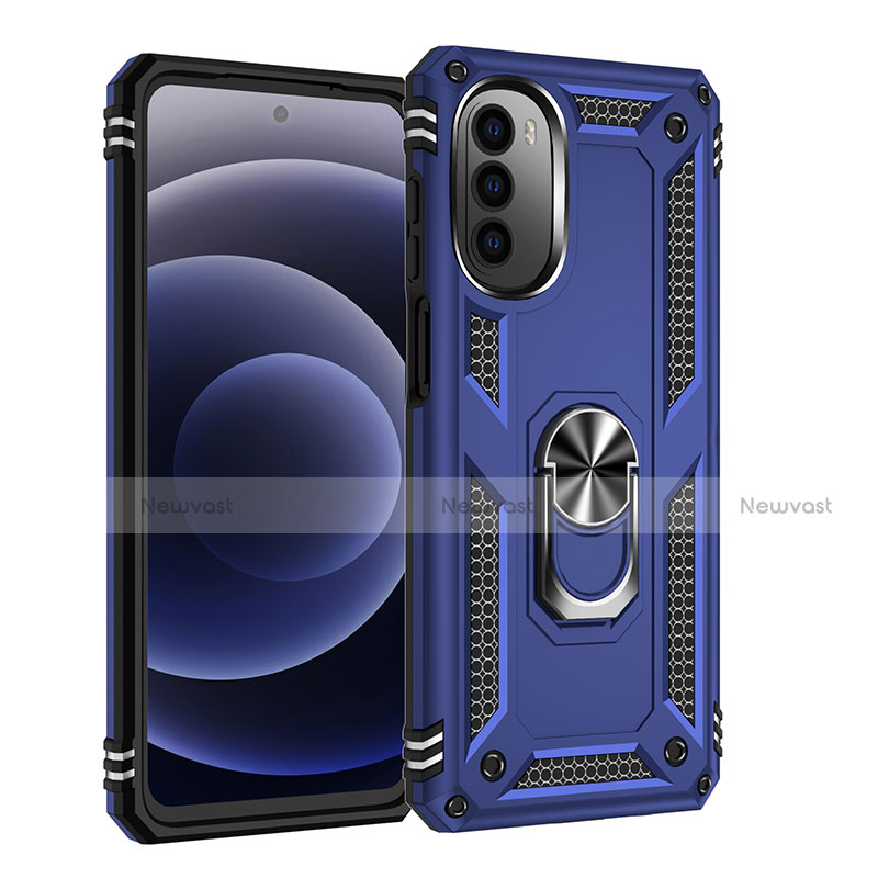 Silicone Matte Finish and Plastic Back Cover Case with Magnetic Finger Ring Stand for Motorola Moto G71s 5G Blue