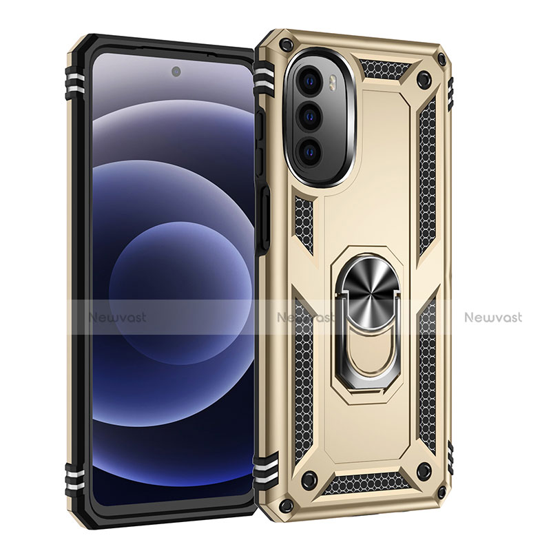 Silicone Matte Finish and Plastic Back Cover Case with Magnetic Finger Ring Stand for Motorola Moto G71s 5G Gold