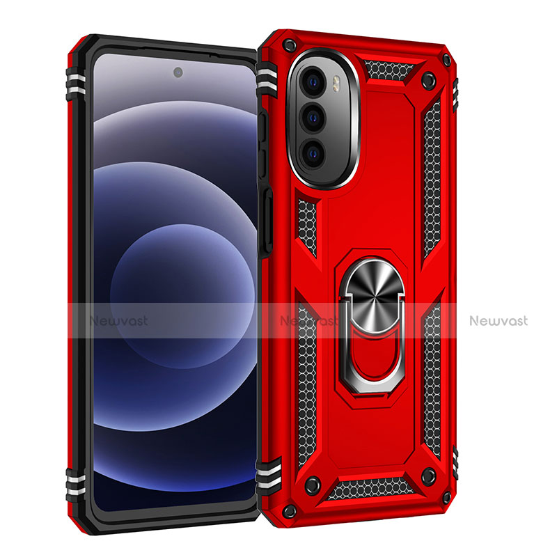 Silicone Matte Finish and Plastic Back Cover Case with Magnetic Finger Ring Stand for Motorola Moto G71s 5G Red