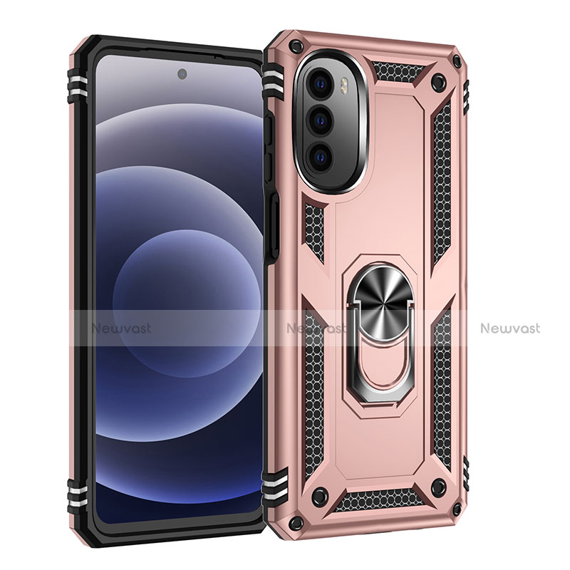 Silicone Matte Finish and Plastic Back Cover Case with Magnetic Finger Ring Stand for Motorola Moto G82 5G