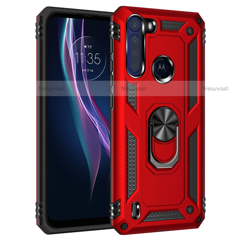 Silicone Matte Finish and Plastic Back Cover Case with Magnetic Finger Ring Stand for Motorola Moto One Fusion Red