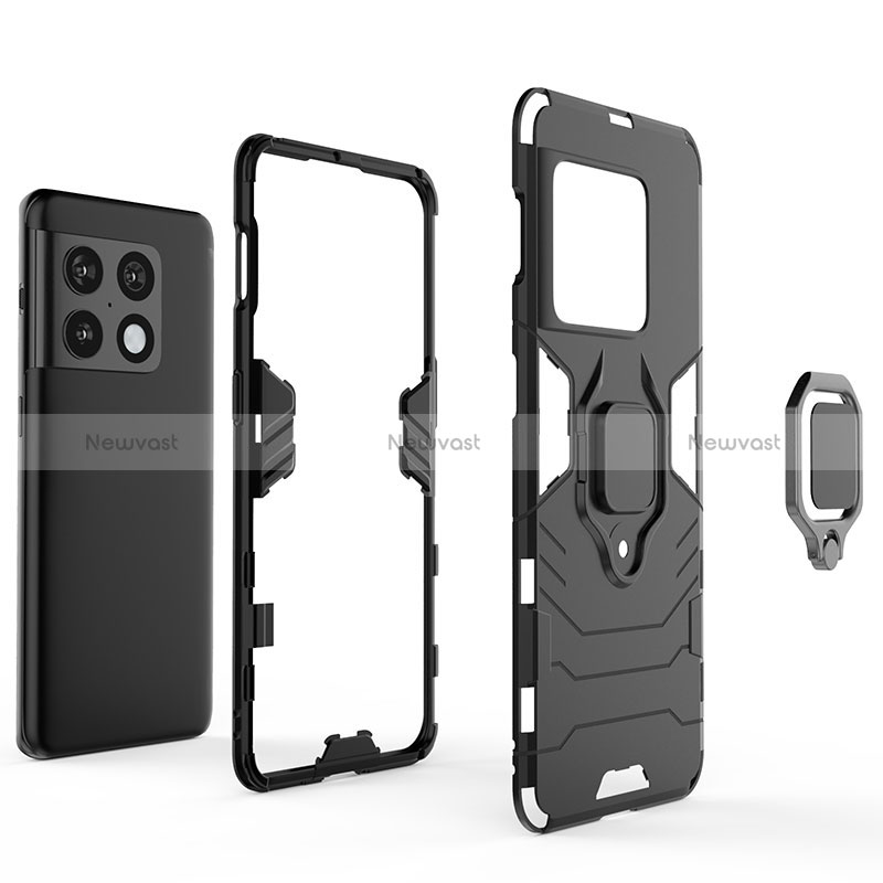 Silicone Matte Finish and Plastic Back Cover Case with Magnetic Finger Ring Stand for OnePlus 10 Pro 5G