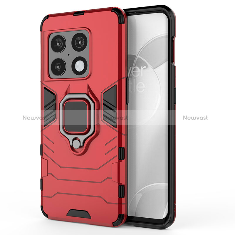 Silicone Matte Finish and Plastic Back Cover Case with Magnetic Finger Ring Stand for OnePlus 10 Pro 5G Red