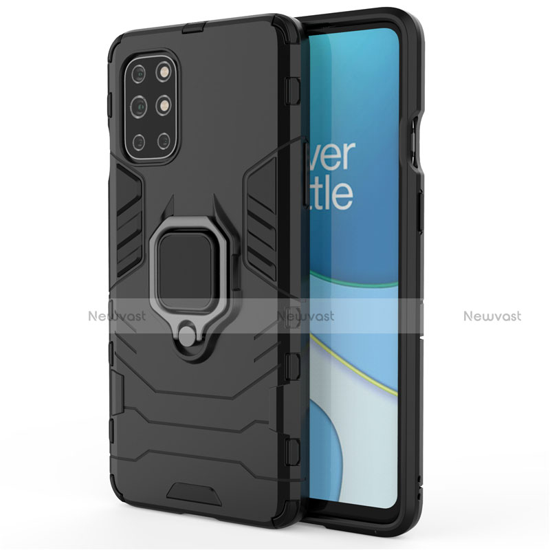 Silicone Matte Finish and Plastic Back Cover Case with Magnetic Finger Ring Stand for OnePlus 8T 5G Black