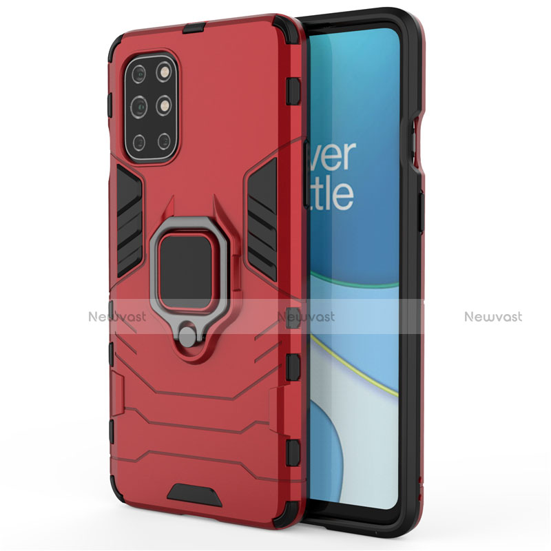 Silicone Matte Finish and Plastic Back Cover Case with Magnetic Finger Ring Stand for OnePlus 8T 5G Red