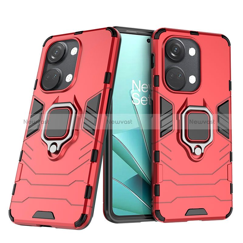 Silicone Matte Finish and Plastic Back Cover Case with Magnetic Finger Ring Stand for OnePlus Ace 2V 5G Red